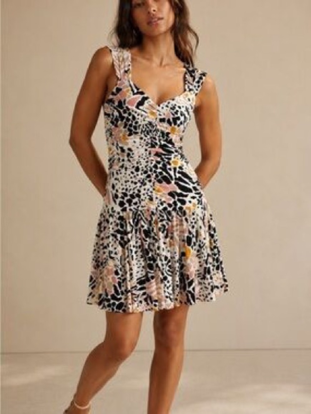 Anthropologie NWT Mixed Animal Print Ruched Drop Waist Mini Dress Medium
